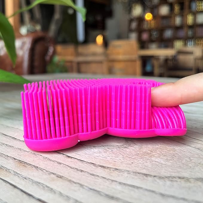 Premium Sensory Brush for Kids or Autism,Soft Silicone Body Scrubber,2 in 1 Sensory Room Occupational Therapy Sensory Brushes,Silicone Loofah,Pet Shower Brush Bath Brush Shampoo Brush(Bear-deep Pink)
