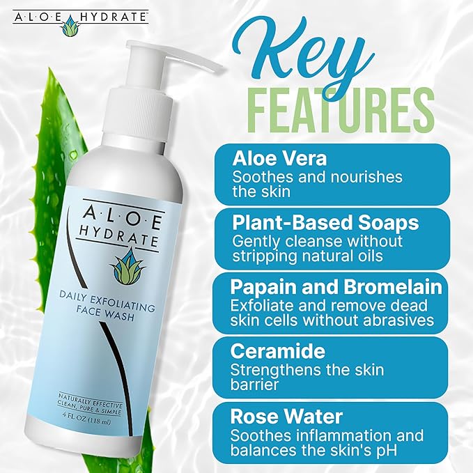Gentle Exfoliating Face Wash; The Power of Nature Cleanses, Exfoliates, Smoothes & Clear Pores. Aloe vera, Fruit Enzymes, Squalane & Jojoba oil & Ceramide for Clean, Soft & Glowing Skin