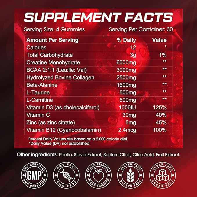 6000mg Creatine Monohydrate Gummies, HIGH Absorbed Creatine for Women, Preworkout Gummies with Collagen, BCAA 2:1:1, L-Taurine, Vitamin C & B12, Supports Muscles & Recovery, Energy & Stamina