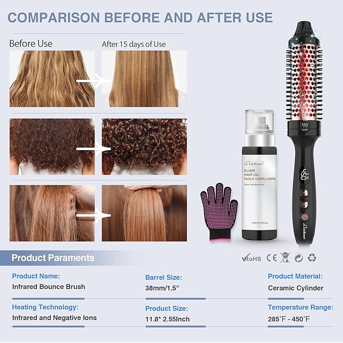 Infrared Bounce Brush, Heated Thermal Round Brush with Negative Ion Technology, 8 Heat Settings for Blowout Look with Hair Care Oil, Straightening & Curling, 1.5" Barrel for All Hair Types, Black