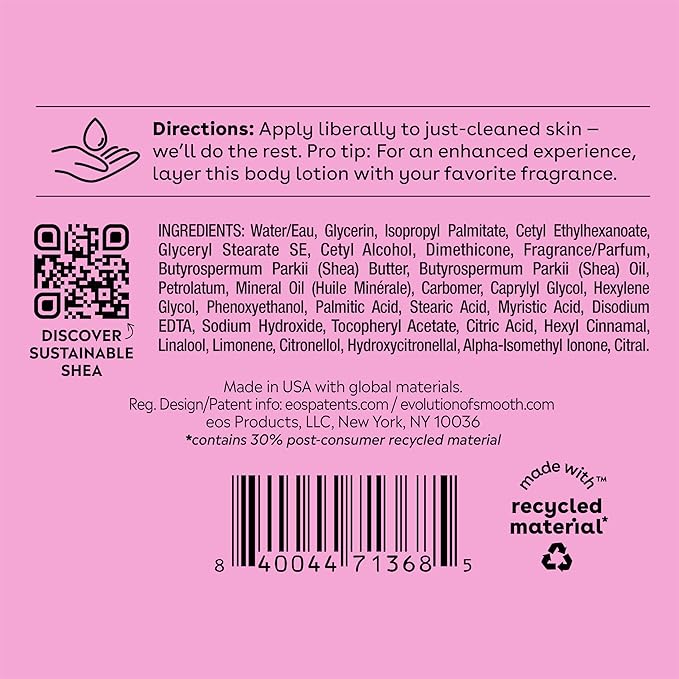 eos Shea Better Body Lotion Pomegranate Raspberry, 24-Hour Moisture Skin Care, Lightweight & Non-Greasy, Natural Shea, Vegan, 16 fl oz (Pack of 2)