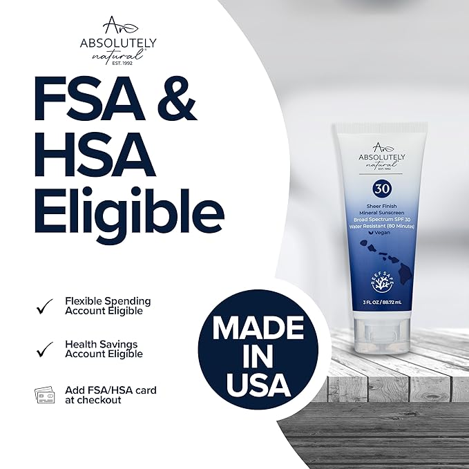 Absolutely Natural - SPF 30 Mineral Sunscreen - Broad Spectrum Water Resistant Moisturizer Lotion For Body & Face - With Non-Nano Zinc Oxide, Vitamin E, & Antioxidants - Made in USA, 3 Oz