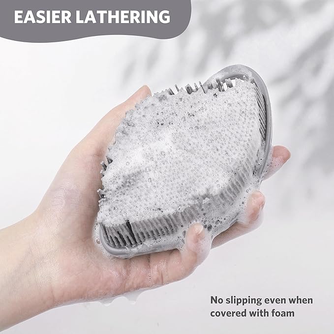 Sndyi Silicone Body Scrubber, Gentle Exfoliating Body Scrubber for Sensitive Skin, Leaf Shaped Shower Scrubber for Body with Lathering Bristles, Silicone Loofah Body Brush for Showering, Gray