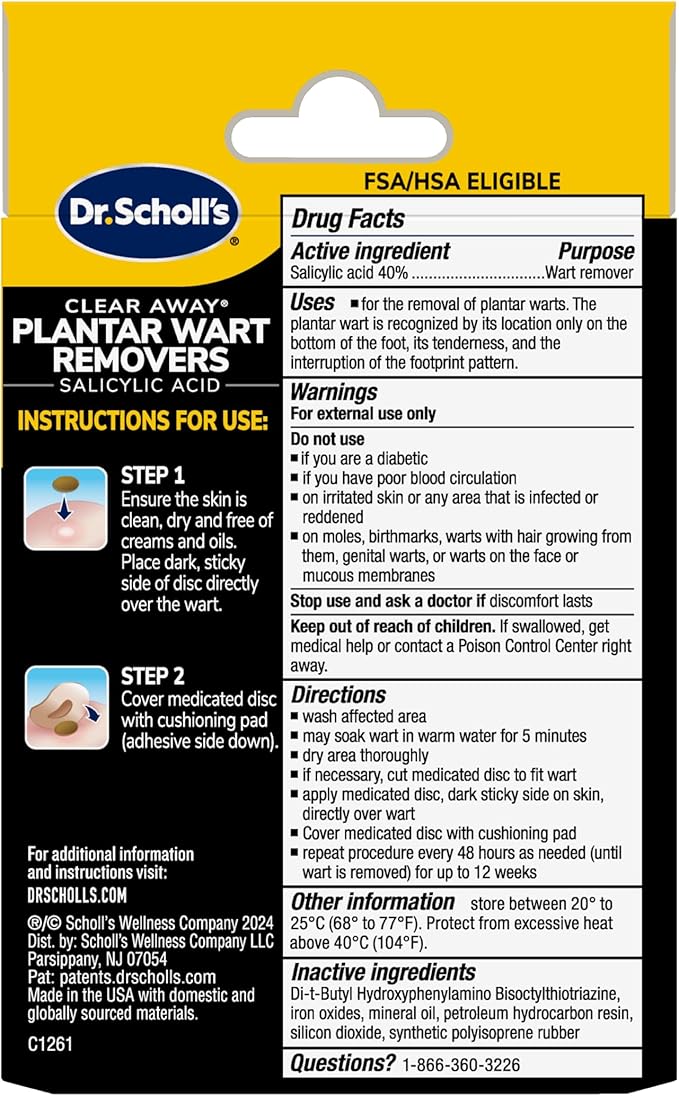 Dr Scholl's Clear Away Plantar Wart Remover Extra-Thick Bandages for Feet, 24 Treatments - Clinically Proven Effective Wart Removal and Cushioning Pain Relief, Comfortable Multi-Day Coverage Patches