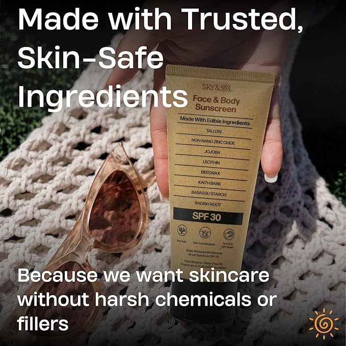 Sky and Sol Natural Mineral Sunscreen SPF 30 3 oz: Natural Tallow & Zinc Oxide, Reef Safe, Water Resistant, Fragrance-Free, Non-Greasy Formula for Face and Body