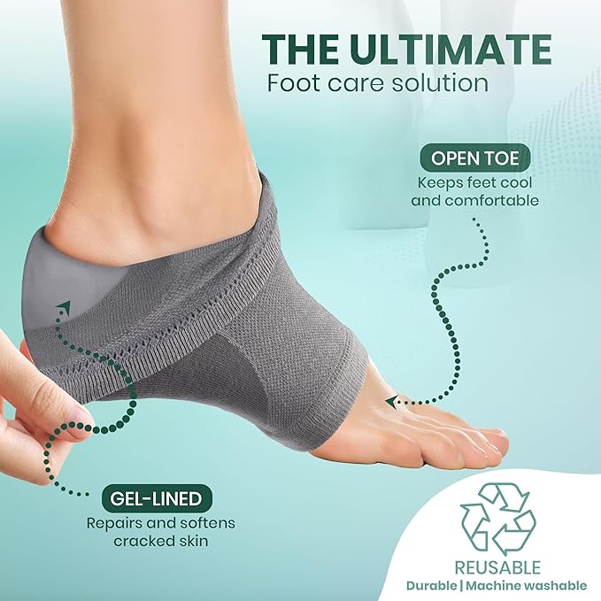Moisturizing Heel Socks for Cracked Heels - Gel Socks for Dry Cracked Feet Repair - Silicone Socks for Women’s Foot Treatment & Overnight Hydration (Beige/Grey/Mint Green, 3-Pair)