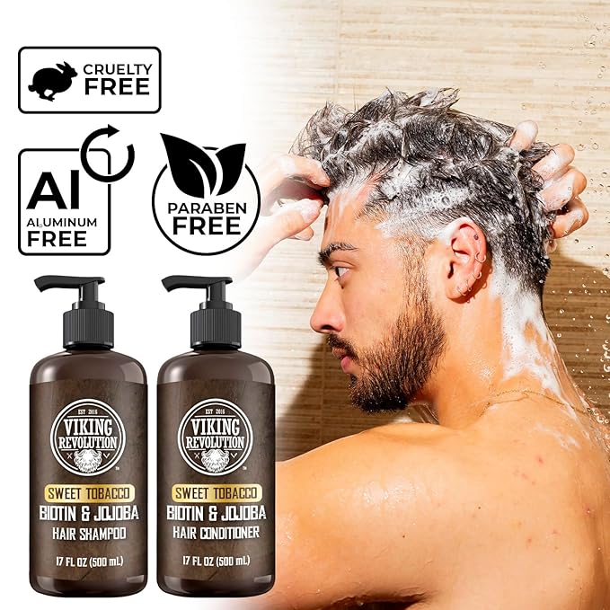 Viking Revolution Sweet Tobacco Mens Shampoo and Conditioner Set with Biotin and Jojoba Oil - Natural Hair Shampoo and Hair Conditioner for Men with Vitamin B5 - Mens Shampoo for Thinning Hair (17Oz)