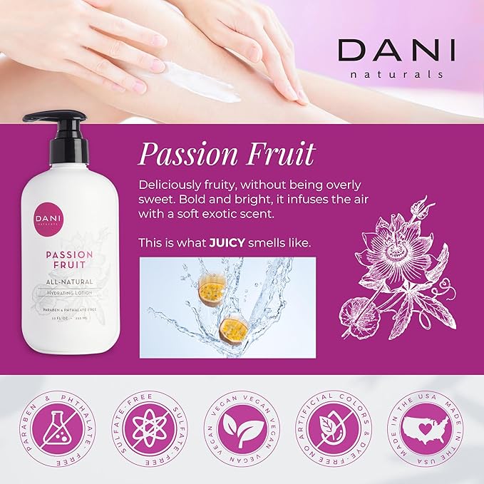 DANI Naturals Hand & Body Lotion - Juicy Passion Fruit Scented, Deep Hydration for Dry & Dull Skin with Shea Butter, Aloe Vera & Vitamin E, Vegan, Paraben-Free, 12 Oz