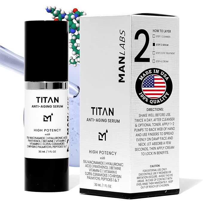 Titan Anti-Aging Face Serum for Men – Reduces Appearance of Fine Lines, Dark Spots & Wrinkles – Hydrates Dry and Rough Skin – 5% Niacinamide, Vitamin C, Hyaluronic Acid – Unscented, 1 Fl Oz