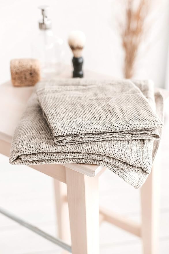 4-Piece 100% Linen Towels Set - 2 Bath Towels Set, 2 Hand Towel Sets - Natural Fiber Waffle Towels for Bathroom Thin Pre-Washed Lightweight Quick-Dry Absorbent