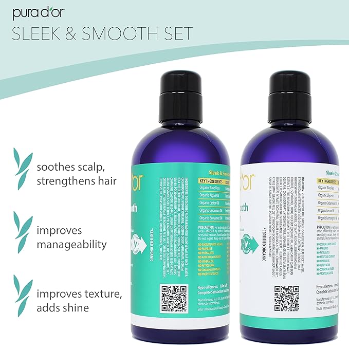 PURA D'OR Sleek & Smooth Shampoo (16oz) Soothing and Strengthening Formula with Organic Aloe Vera, Argan, Castor, Bergamot & Geranium