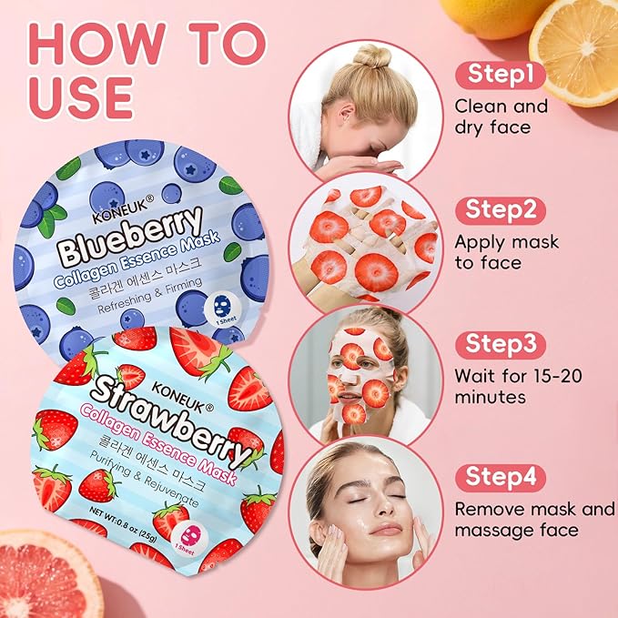 6 Pack Colorful Fruit Face Masks Skincare, Sheet Hydrating Face Mask, Collagen Facial Mask for Skin Care, Stocking Stuffers for Women, Bulk Christmas Gifts and Spa Party Gifts