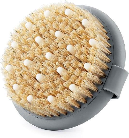 Dry Brushing Body Brush for Massage - Natural Boar Bristle Exfoliating Brush with Massage Nodes for Lymphatic Drainage, Cellulite, Blood Circulation Improving Skin Health for Women Men Elderly(Grey)