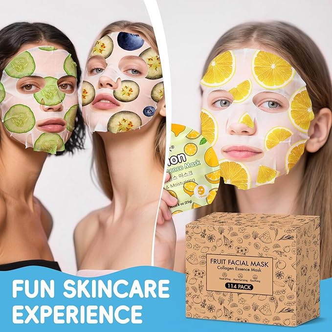 114 Pack Colorful Fruit Face Masks Skincare, Sheet Facial Mask for Dry Skin, Moisturizing & Soothing, Bulk Collagen Face Mask for Women, Christmas Stocking Stuffers, Spa Party Gifts(6 Types x 19 Pcs)