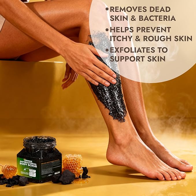 Antibacterial Body Scrub | Manuka Honey & Charcoal | Kills 99.9% of Germs & Bacteria | Body Scrub Exfoliator Deep Cleansing & Purifying for Smooth, Fresh & Soft Skin | 16 fl oz