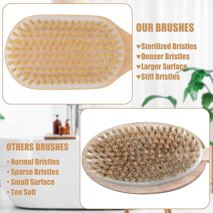OWIIZI Back Scrubber for Shower Large Surface Body Scrub Brush Stiff Boar Bristles Wooden Curved Long Handle Antiskid Bath Brush for Wet or Dry Brushing