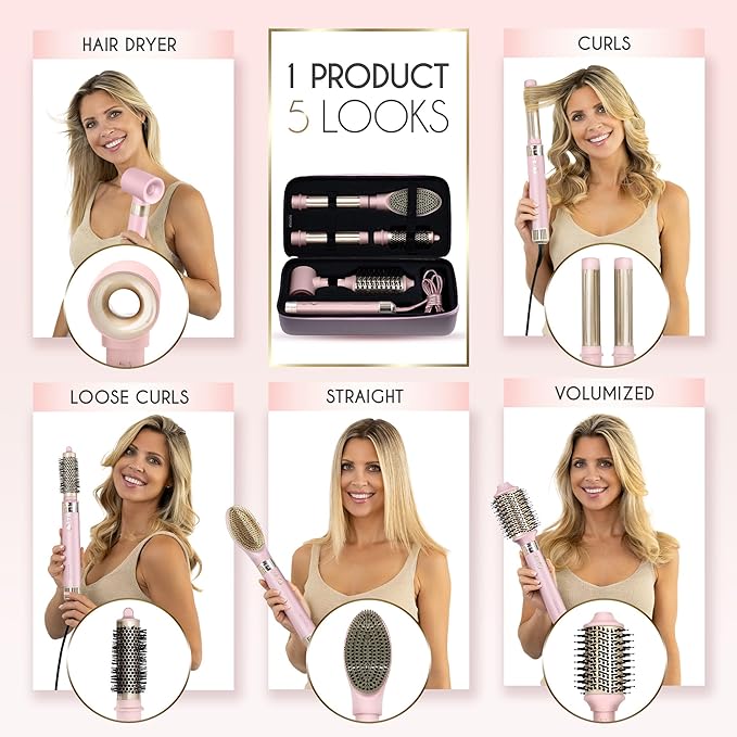 ELLA BELLA® 6-in-1 Hot Air Styler Pink & Heat Protectant Spray • Powerful Hair Dryer Set for Fast Curling, Volumizing, Straightening • Includes Travel Case • UV Shield & Nourishing Hair Care
