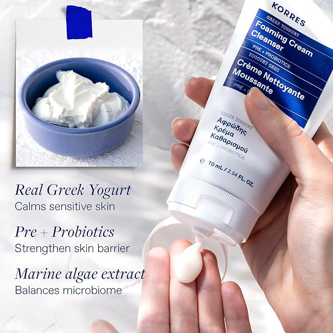 KORRES Greek Yoghurt Foaming Cream Cleanser, Hydrating, Deep Cleansing Skin Care, Makeup Remover, Face Wash for Women, Cream to Foam Facial Cleanser for Dry, Oily, Sensitive, Any Skin Type, 2.5 fl oz