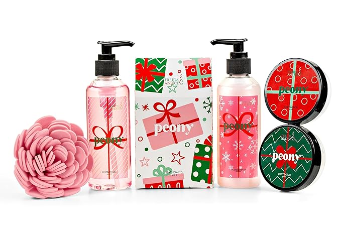 Freida & Joe Peony Spa Gift Set Bath & Body Gift Basket for Women & Men | Shower Gel, Body Lotion, Body Scrub, Bath Salt | Relaxing Self Care Gift