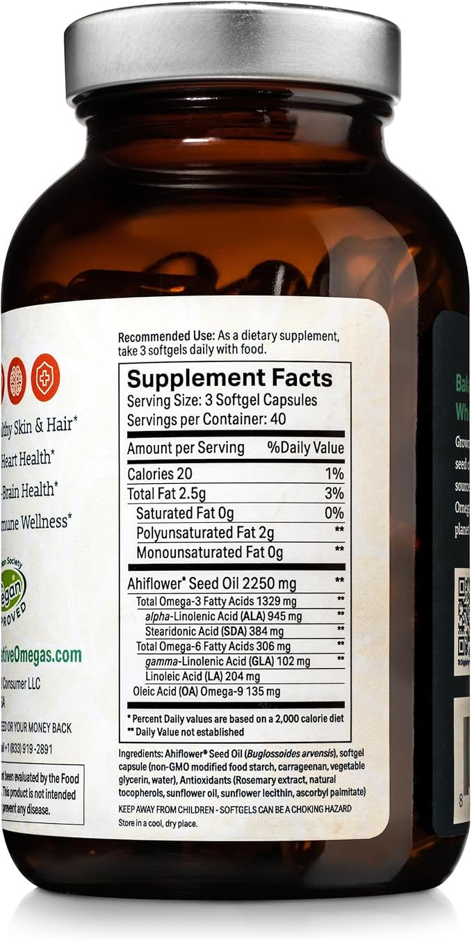 Ahiflower Oil Softgels Complete and Balanced Vegan Omega 3-6-9 Essential Fatty Acids Plant Based No Fish Source of Vegan Healthy Fats 120 Vegan softgels