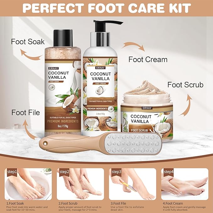 Coconut & Vanilla Foot Soak Set - Salts, Foot File, Scrub & Urea Cream Pedicure Supplies for Dry, Cracked Feet - Foot Spa Pedicure Kit for Women Men