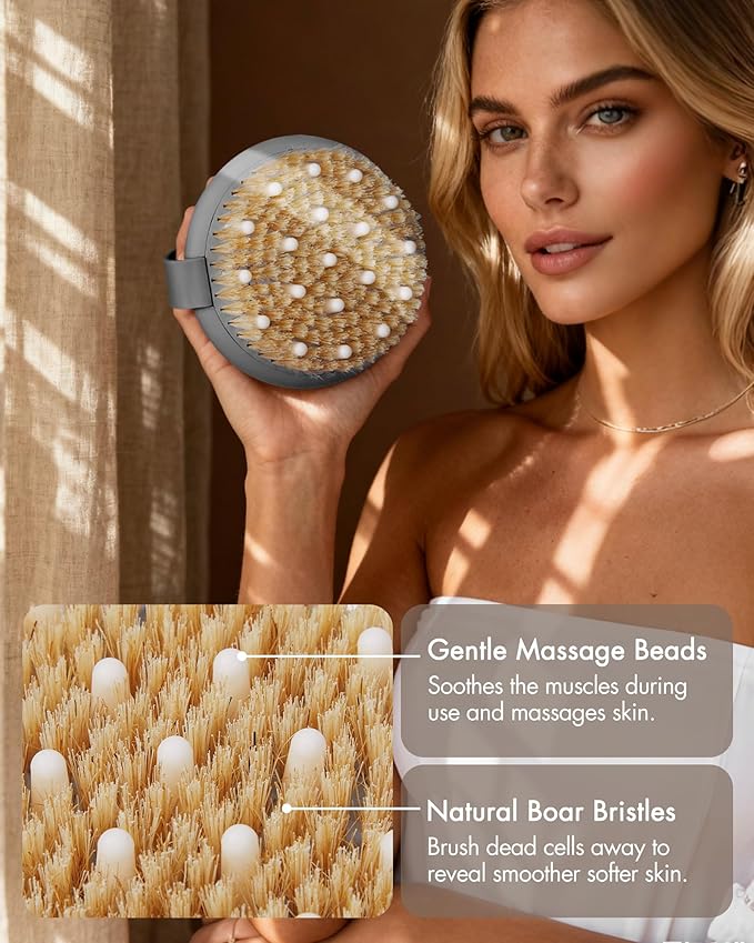 Dry Brushing Body Brush for Massage - Natural Boar Bristle Exfoliating Brush with Massage Nodes for Lymphatic Drainage, Cellulite, Blood Circulation Improving Skin Health for Women Men Elderly(Grey)