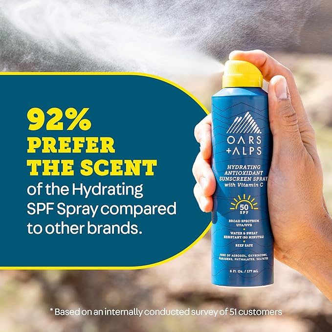 Oars + Alps Sunscreen Spray for Face & Body Spray Sunscreen Infused with Vitamin C & Antioxidants, No White Residue, Water & Sweat Resistant, All Skin Types, Lightweight, Hydrating, SPF 50, 6 Oz, 1pk