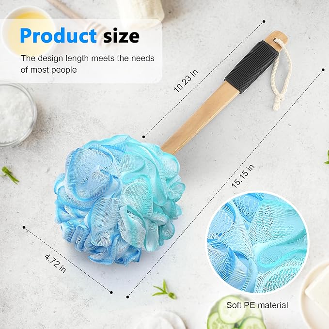 Loofah on a Stick PE Soft Mesh Luffa with Non-Slip Wooden Handle Made of Soft and Sturdy Rubber Material Back Scrubber for Shower for Women and Men with String for Easy Hanging(Blue Green White)