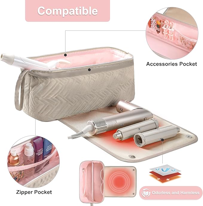 Leudes Hair Tools Travel Bag for Women Heat Resistant Mat for Travel Essentials Hot Tools Straighteners,Flat Irons,Curling Iron,Hot Air Brushes and Hair Dryer Organizer Bags 2 in 1 (Camel)