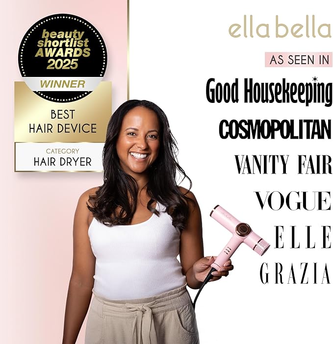 ELLA BELLA® Professional Ionic Hair Dryer with Diffuser • Negative Ion Blow Dryer • Suitable All Hair Types • Intelligent Heat Control & Rapid Drying Speeds • Lightweight Design • Low Noise Technology