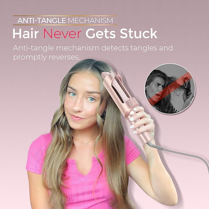 Upgraded Automatic Rotating Curling Iron - TYMO CurlPro Plus Long Barrel Curling Wand for Long Hair, Ceramic Hair Curler for Women, Anti-Scald, 600M Ionic, Dual Voltage, Gold Blush, 1 1/4 Inch