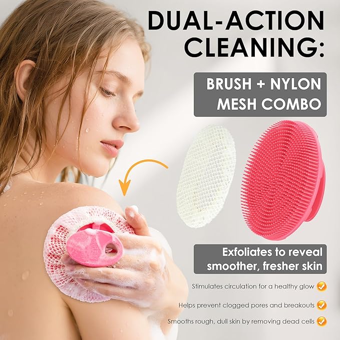 INNERNEED Food-Grade Soft Silicone Body Scrubber Shower Brush Handheld Cleansing Skin Brush, with Exfoliating Net Sponge Case (Pink Brush)