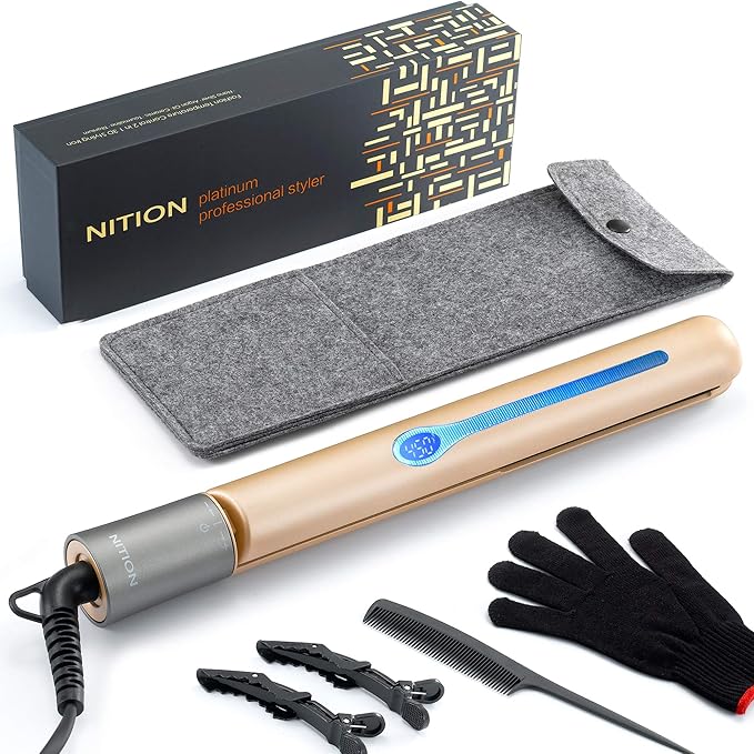 NITION Ceramic Tourmaline Hair Straighteners LCD Flat Iron MCH 10s Fast Heating Up. 1" Smooth 3D Floating Plate Healthy Straightening Tools. Travel Pouch Bag. Dual Voltage. Elegant Gift Box