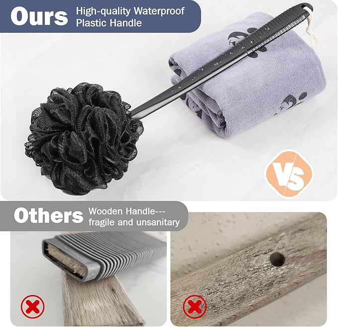 Non-Slip Back Scrubber with 17" Plastic Handle - Hand Shower Loofah & Loofah on a Stick Set, Black