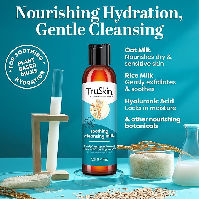 TruSkin Soothing Cleansing Milk - Gentle Facial Cleanser with Rice & Oat Milk, Hyaluronic Acid - Removes Make-Up Without Stripping Sensitive Skin