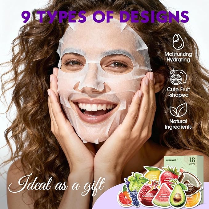 18 Pack Fruit Shaped Face Masks Skincare, Collagen Hydrating and Moisturizing Sheet Face Mask Skin Care, Bulk Christmas Gifts, Spa Party Gifts and Stocking Stuffers for Women
