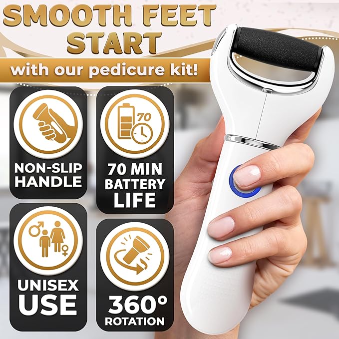 Rechargeable Electric Foot File Callus Remover – 3-Speed Foot Scrubber Electric (1800/2200/2800 RPM), Dry Skin Remover for Feet – 1200mAh, 70 Min Runtime, 2 Replacement Rollers 80 and 60 Grit