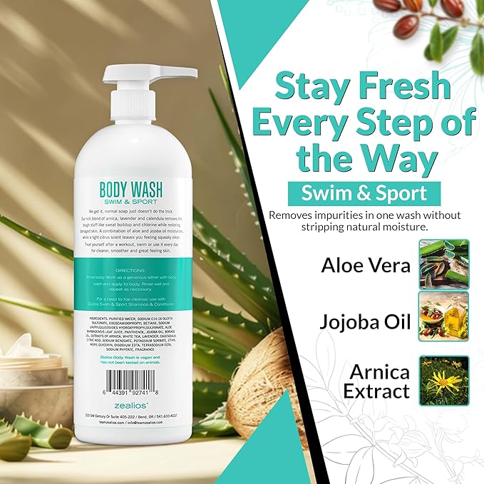 Zealios Swim & Sport Body Wash for Swimmers & Athletes 32oz Skin Care Solution for Men & Women, Removes Chlorine, Sweat & Odor, Provides Cleansing and Hydration from Pool Chemicals, Light Citrus Scent