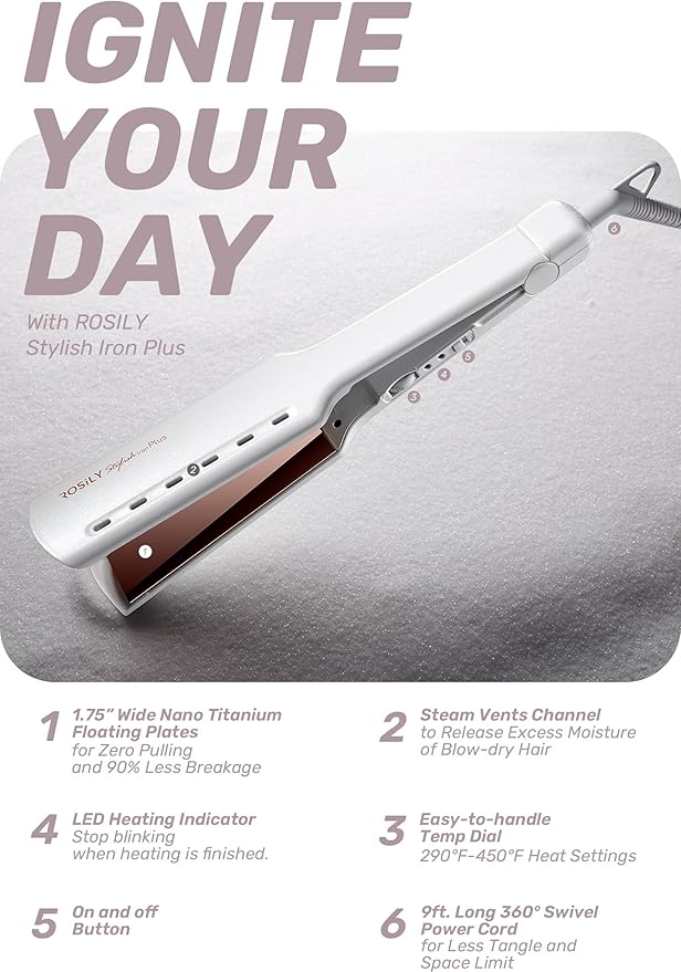 ROSILY Nano Titanium Flat Iron | 1.75 Inch Wide Hair Straightener, Dual Voltage 100-240V, Adjustable Temperature Suitable for All Hair Type, Instant Heat Up