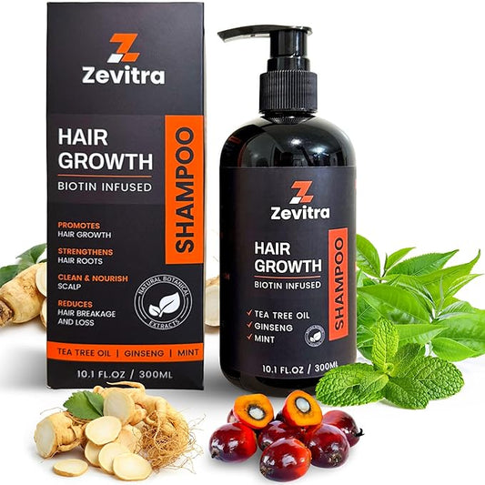 Hair Growth Shampoo - Biotin Infused Natural Botanical Formula with Tea Tree Oil, Ginseng & Mint for Stronger Hair and Healthy Scalp - 10.1 FL.OZ / 300ML