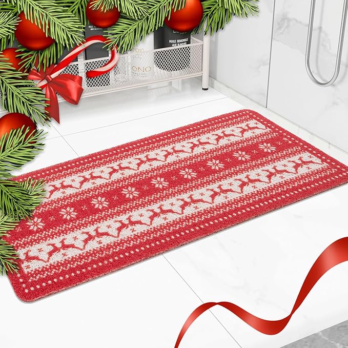 Christmas Non-Slip Bathtub Mat, Anti Slip Shower Mat, Fast Drying Bathtub Mats, Foot Scrubber Mat, Anti Slip Mat for Tub, Floor, Bathroom, Kitchen, Home, Hotel (Reindeer Snowflake, 40"x16")