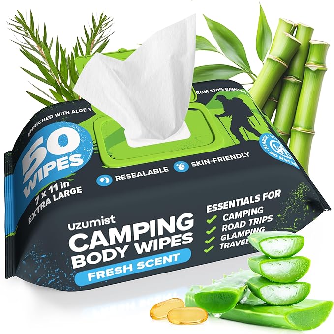 Camping Essentials - Body Wipes for Camping Adults Bathing No Rinse - 50 XL Deodorant Bathing Shower Wipes For Men Women - Disposable Washcloths & Personal Cleansing - Travel, Workout
