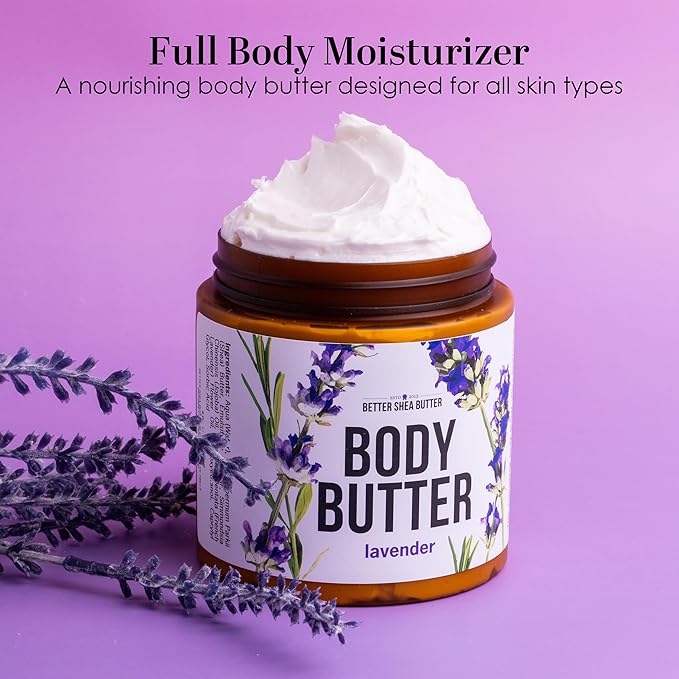Lavender Body Butter with Shea Butter, Jojoba & Lavender Essential Oil - Natural Lotion for Women, Non-Greasy Moisturizer for Dry Skin, Whipped Body Cream