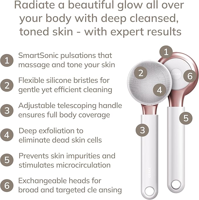 GESKE Sonic Full-Body Brush & Intensive Exfoliator | 8 in 1 | Electric Body Cleansing Brush | With SmartSonic Pulsations | Deep Cleansing, Exfoliation, Massage | Extendable Handle | Rough Skin Remover