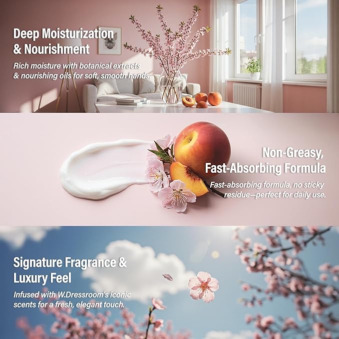 W.Dressroom Moisturizing Hand Cream for Dry Hands, Non-Greasy, Quick-Absorbing Korean Hand Lotion, Travel Size 1.69 fl oz (50 ml), No.49 Peach Blossom Scent