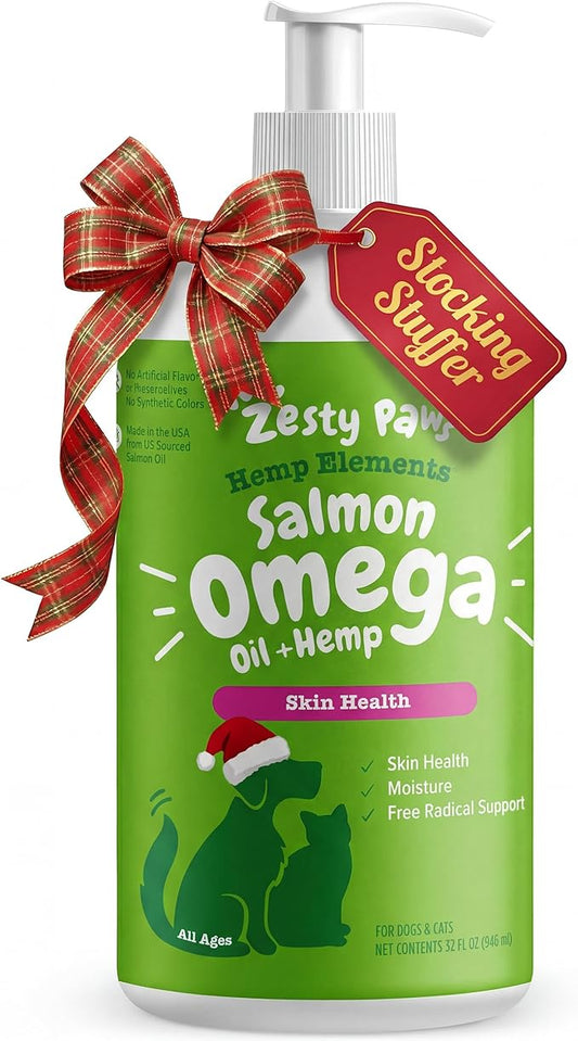 Zesty Paws Salmon Omega Oil Hemp for Dogs and Cats with Wild Alaskan Salmon Oil Omega 3 and 6 Fatty Acids with EPA DHA for Pets Supports Normal Skin Moisture and Immune System Function 32oz