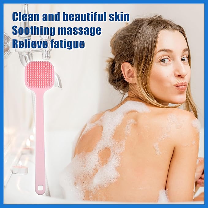 Soft Silicone Bath Brush, Non-Slip Back Scrubber Shower with Long Handle for Men and Women, Pink Routine