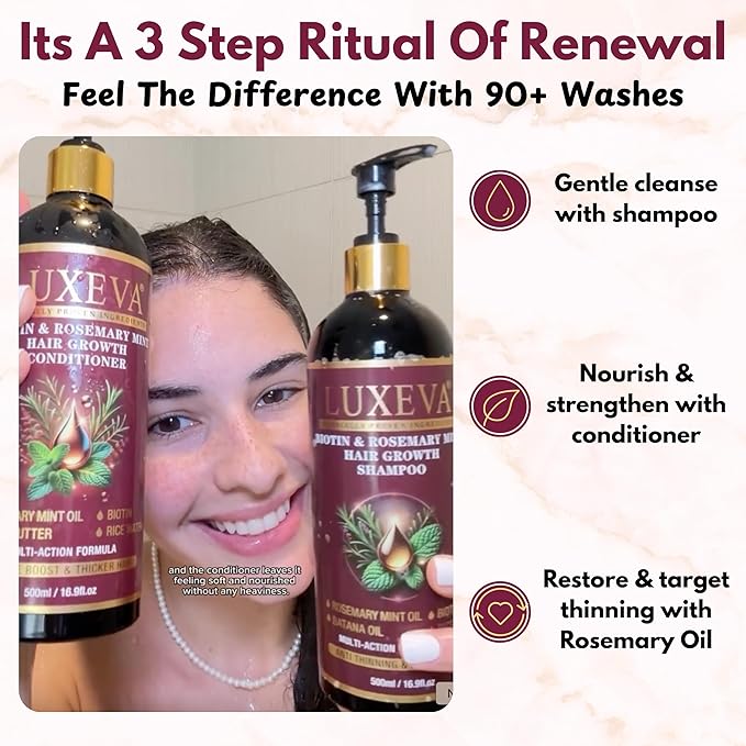 3 in 1 Biotin & Rosemary Mint Shampoo & Conditioner Set For Women | Professional Botanical Hair Growth Shampoo and Conditioner For Thinning Hair, Scalp Health & Natural Volume | 16oz Each