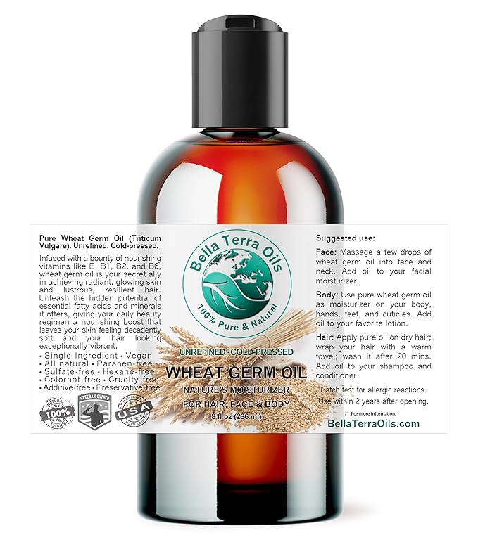 Bella Terra Oils - Organic Wheat Germ Oil 8 oz - Premier Vitamin E Oil for Face, Unveiling Beauty with Vitamin C, Natural Source of Vitamin E for Skin Care