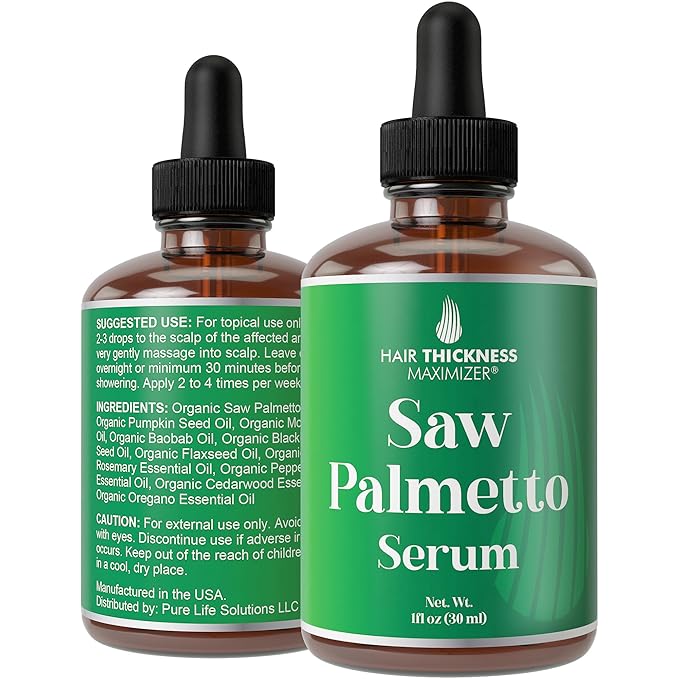Saw Palmetto Serum for Hair Growth: Rosemary, Peppermint, Pumpkin Seed Oils. Vegan Thickening, Moisturizing, Strengthening Treatment for Women, Men - Weak, Dry, Frizzy Hair - 1oz